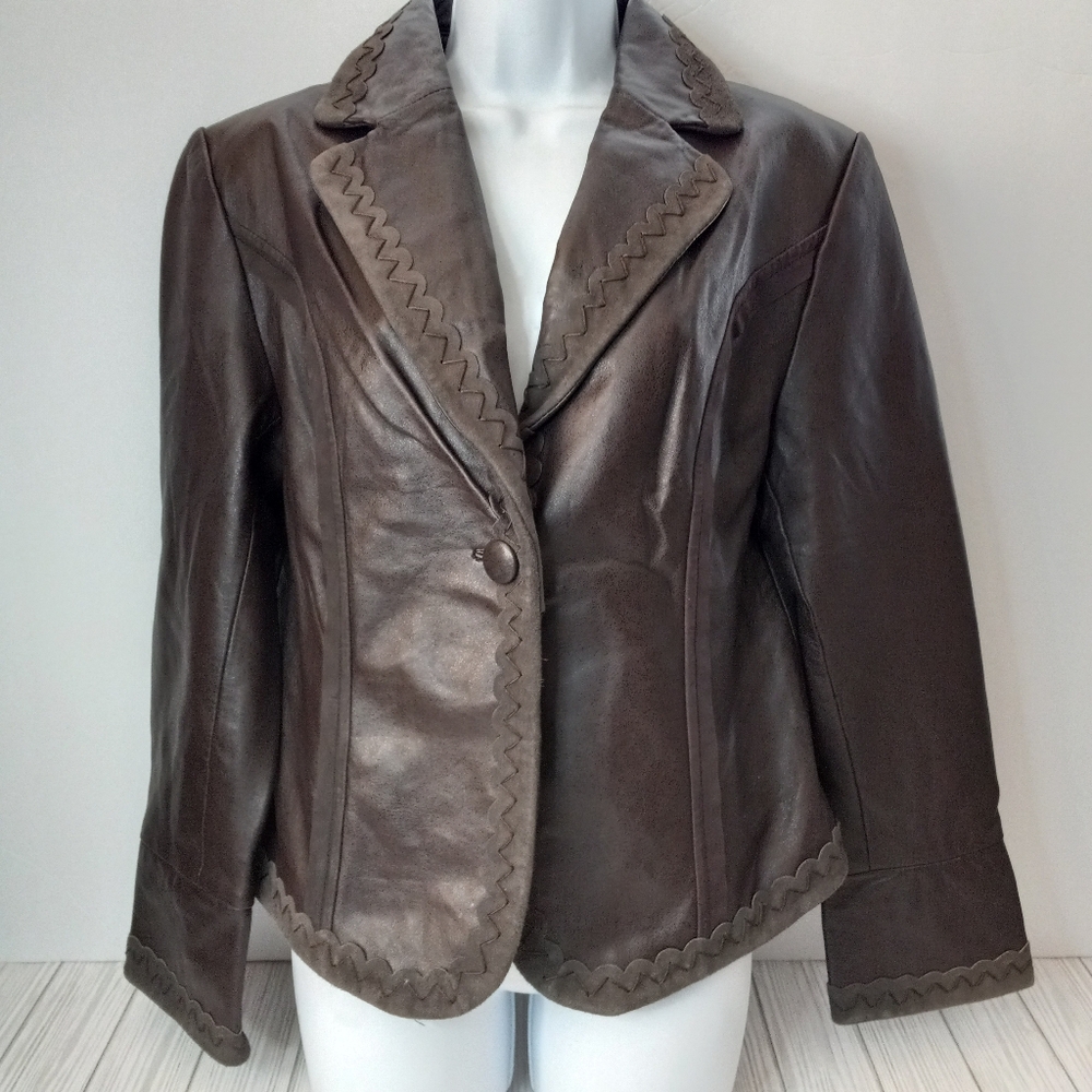 Vintage Pamela McCoy Chocolate Brown Embroidered Moto Leather Jacket